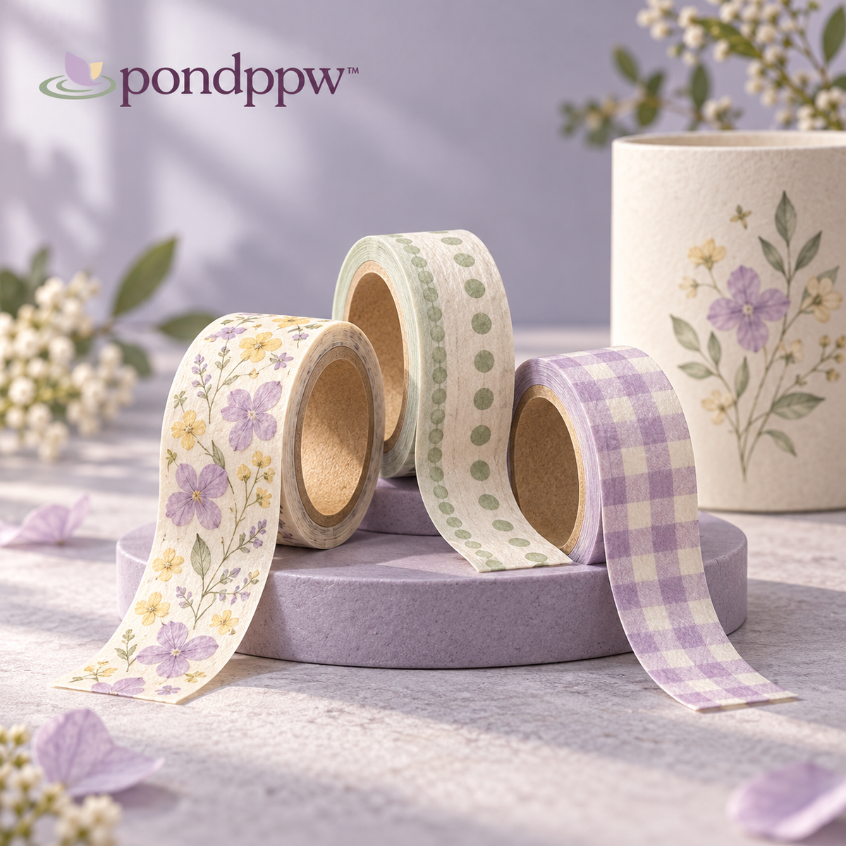pondppw™ Petal Press Washi Tape Set, 3 Rolls of Decorative Paper Tape for Journaling, Scrapbooking, Gift Wrap & Planner Spreads
