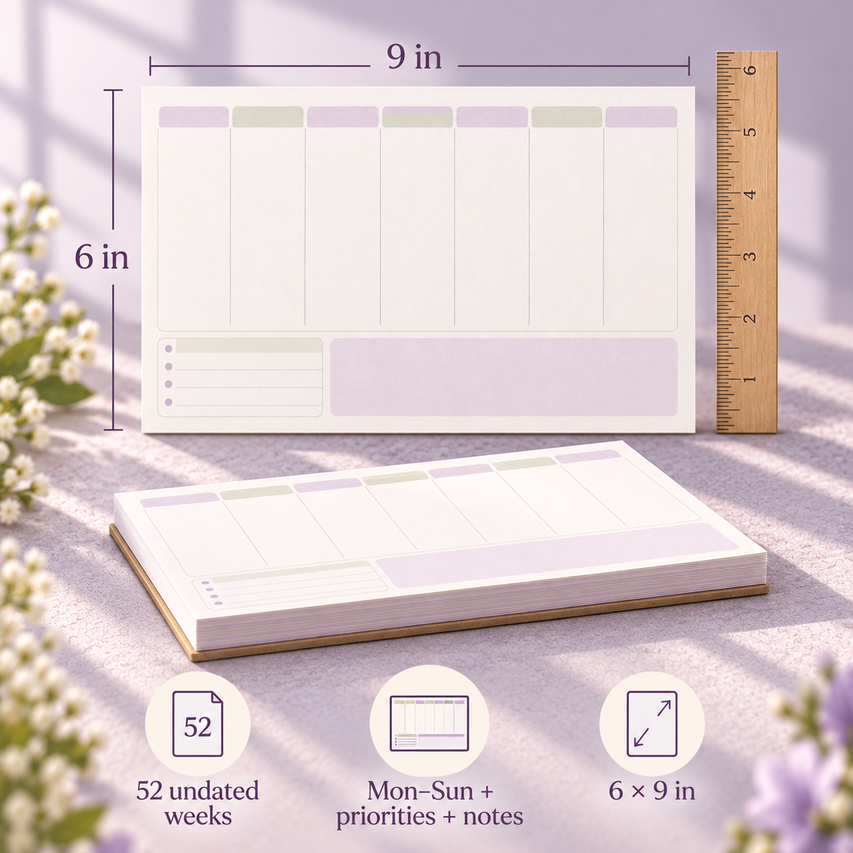 pondppw™ Soft Start Weekly Desk Pad, 52-Week Undated Tear-Off Planner with To-Do List, Notes Space & 6 × 9-Inch Pages