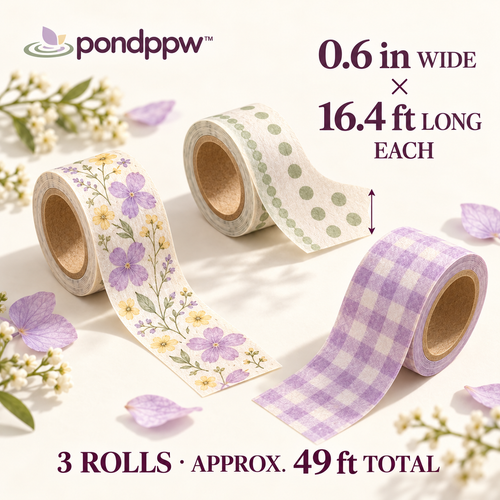 pondppw™ Petal Press Washi Tape Set, 3 Rolls of Decorative Paper Tape for Journaling, Scrapbooking, Gift Wrap & Planner Spreads