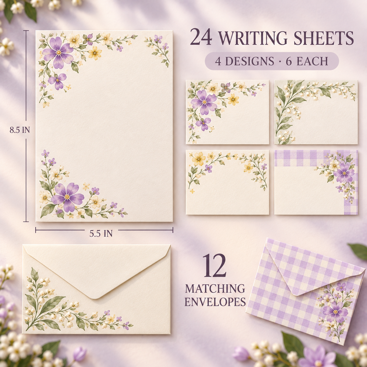 pondppw™ Sunday Letter Writing Set, 24 Floral Stationery Sheets with Matching Envelopes for Notes, Thank-You Cards & Pen Pals