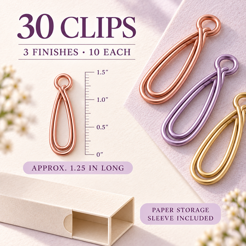 pondppw™ Ribbon Loop Paper Clips, 30 Decorative Metal Page Clips in 3 Pastel Finishes for Planners, Notes & Documents