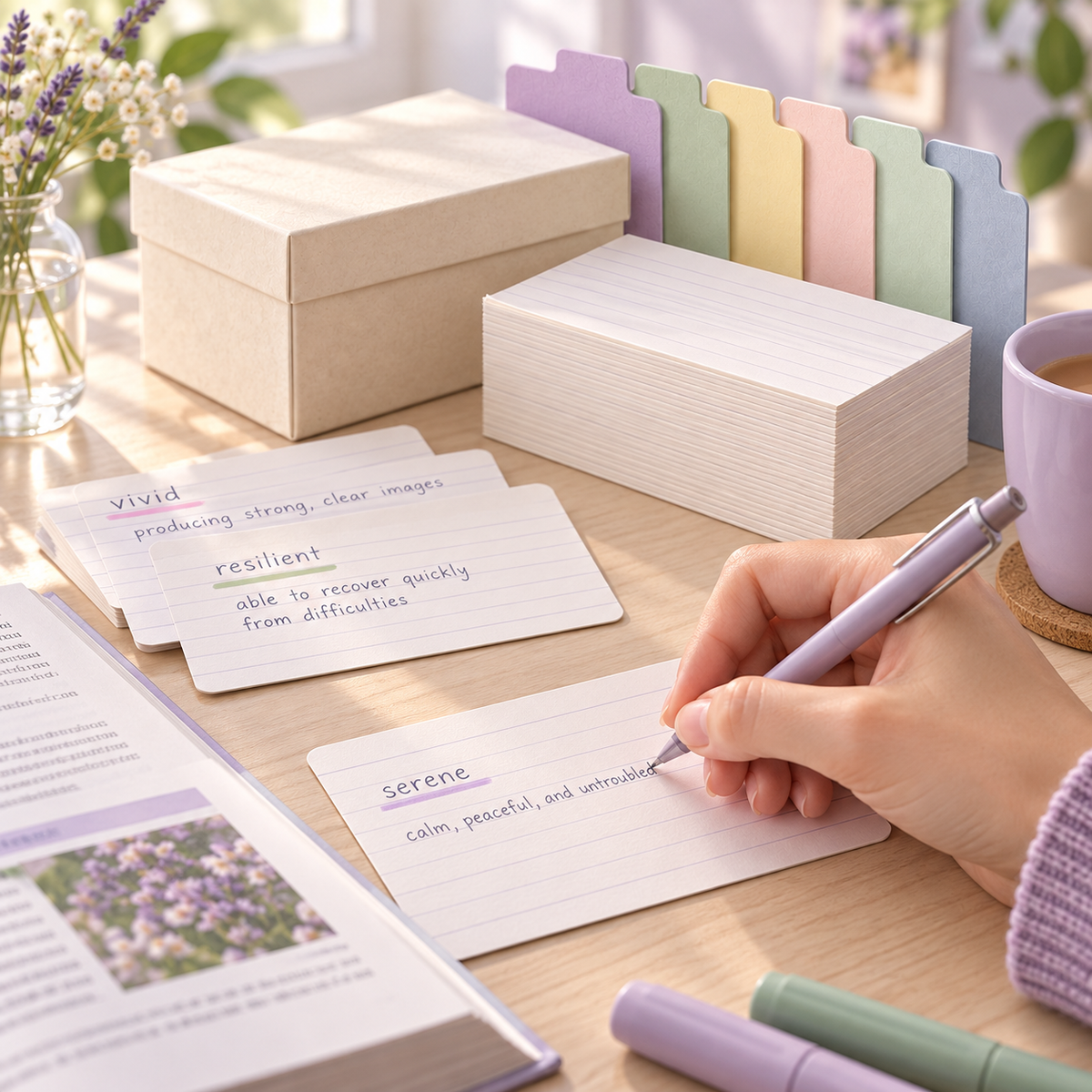 pondppw™ Daydream Index Card Kit, 200 Ruled 3 × 5-Inch Study Cards with 6 Pastel Dividers and Storage Box