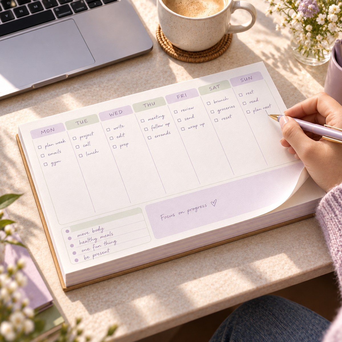 pondppw™ Soft Start Weekly Desk Pad, 52-Week Undated Tear-Off Planner with To-Do List, Notes Space & 6 × 9-Inch Pages