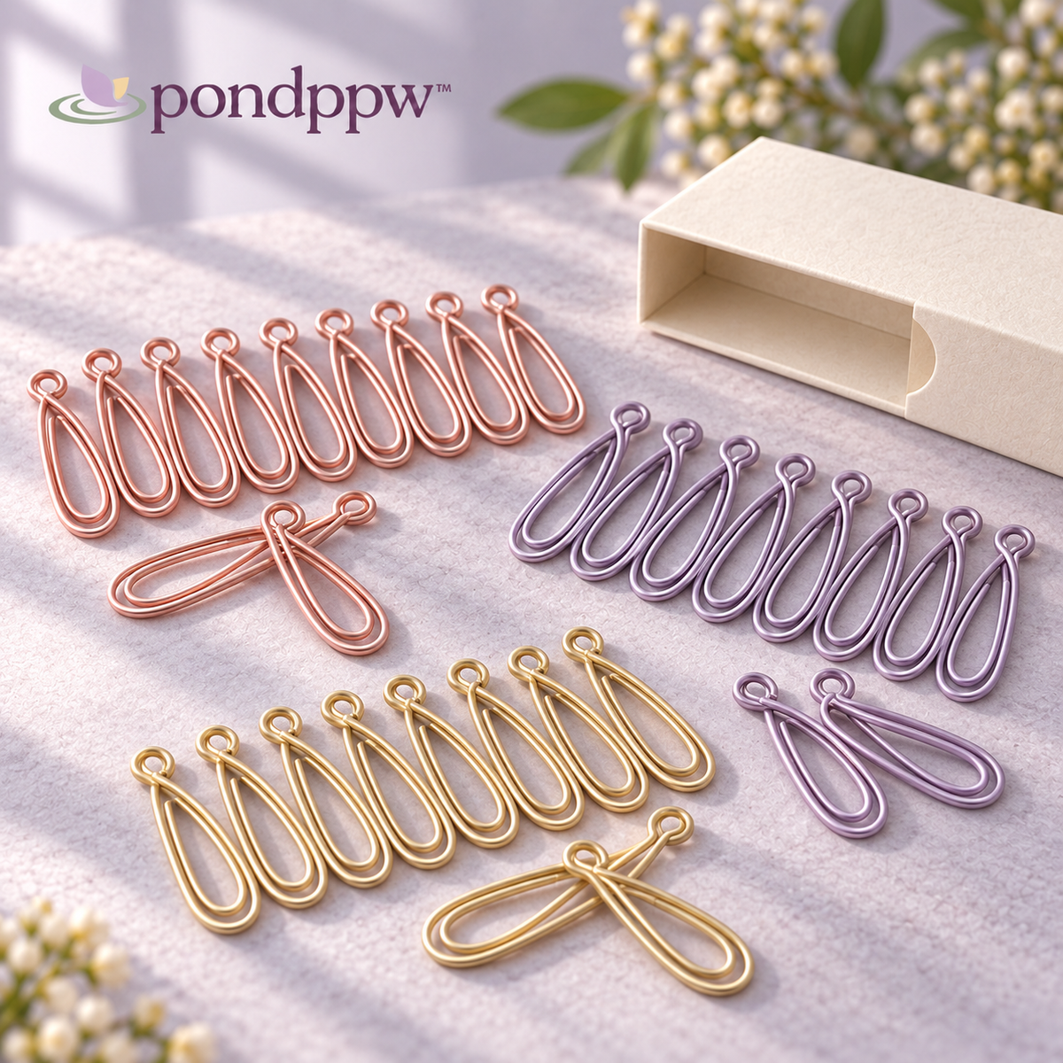 pondppw™ Ribbon Loop Paper Clips, 30 Decorative Metal Page Clips in 3 Pastel Finishes for Planners, Notes & Documents