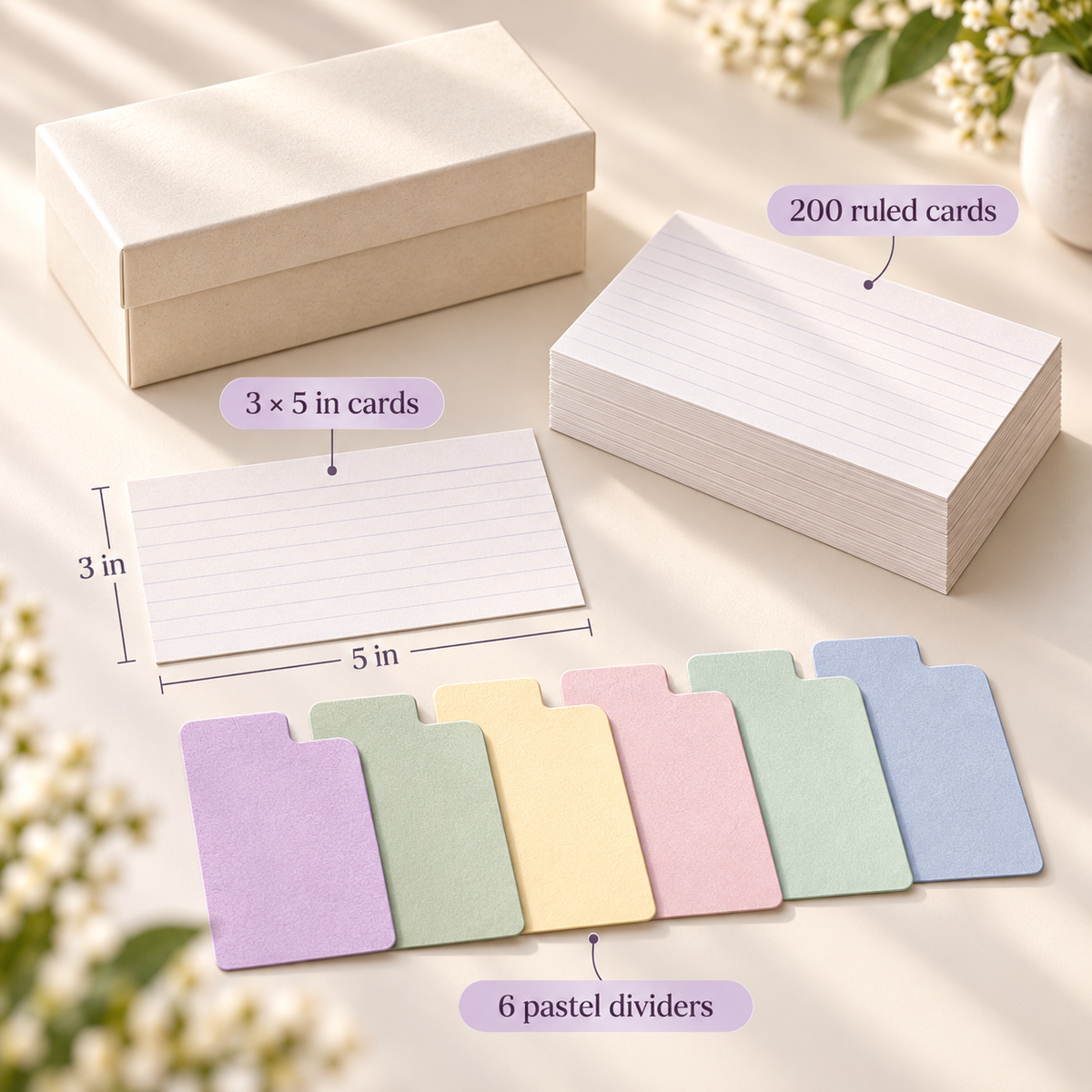 pondppw™ Daydream Index Card Kit, 200 Ruled 3 × 5-Inch Study Cards with 6 Pastel Dividers and Storage Box