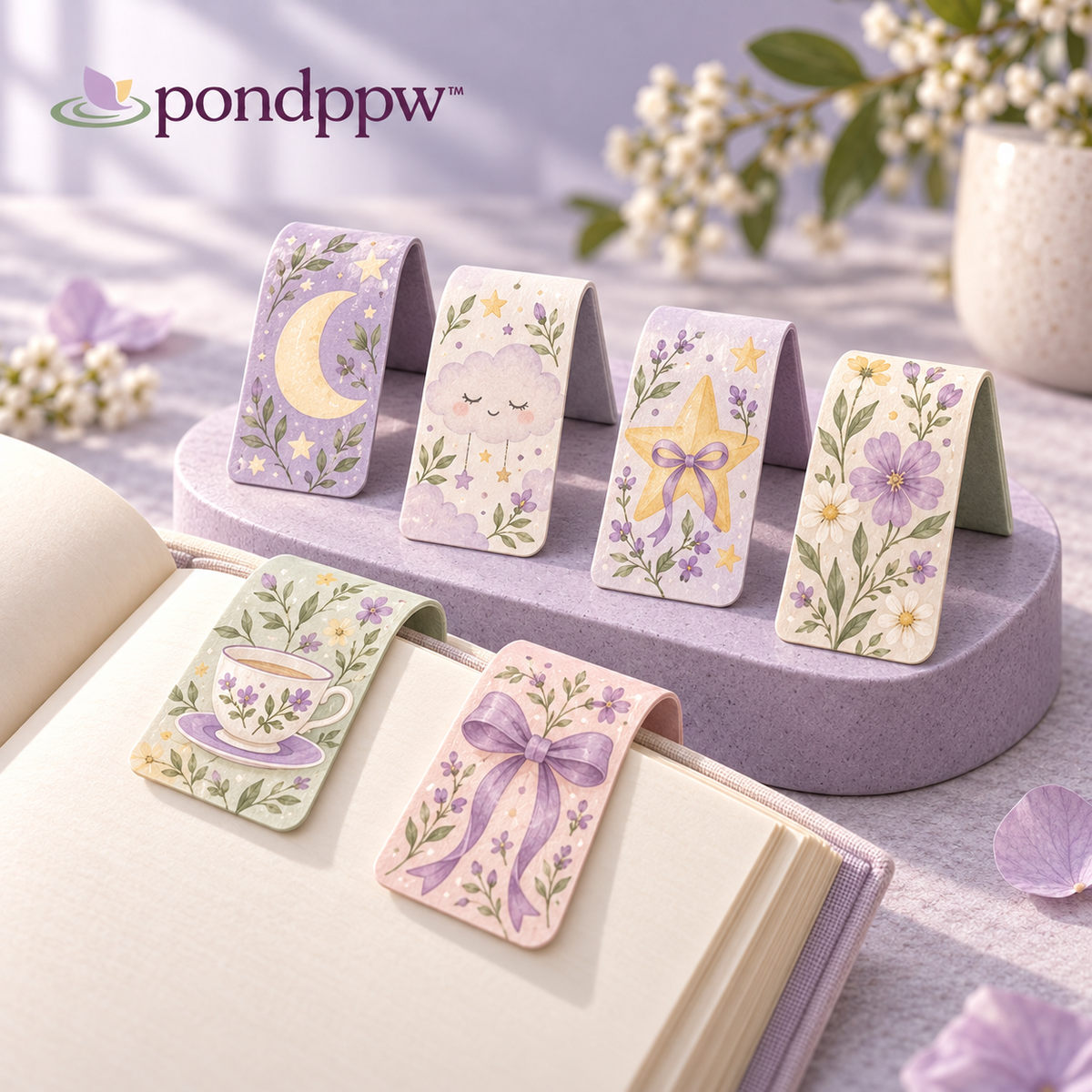 pondppw™ Moonbeam Magnetic Bookmarks, 6 Cute Fold-Over Page Markers for Reading, Textbooks, Planners & Journals